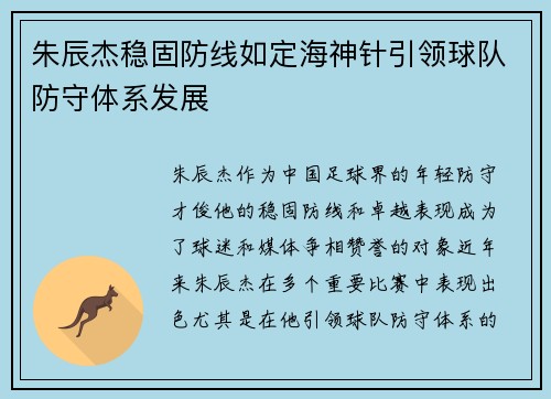 朱辰杰稳固防线如定海神针引领球队防守体系发展
