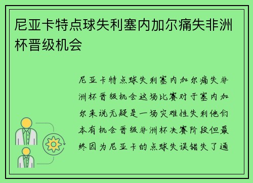 尼亚卡特点球失利塞内加尔痛失非洲杯晋级机会