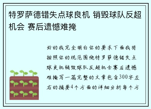 特罗萨德错失点球良机 销毁球队反超机会 赛后遗憾难掩